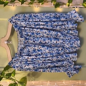 Women's Blue Floral Off-Shoulder Flouncy Peplum Blouse Top M
